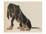 Painting in Black and Brown Colours of a Sitting Dachshund Gazing Giclee Print by L. Rohlwein