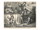 The Ogre Glares at Puss in Boots as He Bows and Scrapes Before Him Giclee Print by Gustave Doré