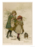 Two Girls and Their Dog Gather Mistletoe in the Snow Giclee Print by Lizzie 