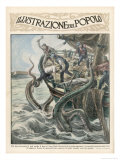 Fishermen of Jersey Channel Islands Desperately Fight This Giant Squid Reproduction procédé giclée par Gustavino 