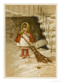 Little Girl Sweeps the Snow by the Steps Watched by a Robin Giclee Print by Lizzie Lawson