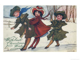 Three Small Girls Hold on to One Another as They Slide on a Frozen Pond Lámina giclée por H.d. Sandford