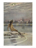 The Little Mermaid Sits on a Rock and Gazes at the Lights of the Distant Town Giclee Print by Paul Hey