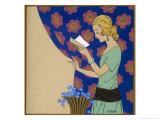 She Reads a Letter Above a Vase of Blue Flowers Giclee Print by Armand Rapeno