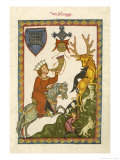 The Dogs Secure Their Catch While a Gentleman on Horseback Blows the Hunting Horn Giclee Print by Hans Naumann