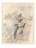 Lady Plays the Banjo on the Deck of a Houseboat on the Thames: a Friend Listens Giclee Print by MARS (Maurice Bonvoisin) 