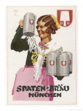 Waitress Brings Four Seidels of Frothy Spaten-Brau Reproduction procédé giclée par Ludwig Hohlwein