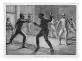 Two Men Practise Under the Careful Eye of Their Master at a Fencing School reproduction procédé giclée par H.p. Jackson