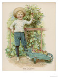 Boy Picks Apples from a Conveniently Low-Hanging Tree Filling a Wheelbarrow Giclee Print by E. Lance