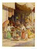 Mothers with Their Children Shopping in a Burmese Bazaar Giclee Print by R. Talbot Kelly