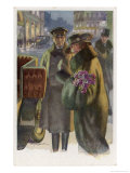 An Elegant Viennese Lady Enters Her Chauffeur-Driven Car at Night Clutching a Bunch of Roses Giclee Print by H. Schubert
