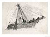 Five Sailors in the Rigging of a Sailing Ship Reefing a Sail Giclee Print by T. Ruhieres
