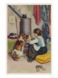 Girl a Large Dog and a Small Cat Sit Warming Themselves at an Open Stove Reproduction procédé giclée par Percy Harland Fisher