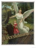 Guardian Angel Watches Over a Child as She Crosses a Dangerous Bridge Reproduction procédé giclée