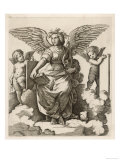 An Angel Sits Holding a Book and a Lyre Accompanied by Cherubim reproduction procédé giclée