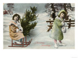 Two Girls Have Found a Suitable Tree and are Bringing It Home on a Toboggan Giclee Print Two Girls Have Found a Suitable Tree and are Bringing It Home on a Toboggan Giclee Print