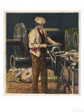 Victorian Metalworker Machining a Part in His Workshop - Giclee Baskı