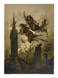 Witches on Their Broomsticks Fly Over the Roofs of Their Town Giclee Print