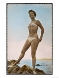 Girl in Stripy Bikini with a Strpless Bra-Top Poses on the Rocks Giclee Print