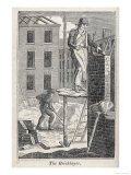 Bricklayer Standing on a Rather Precarious Looking Scaffold, His Assistant Mixes Mortar Behind Him Gicléedruk Bricklayer Standing on a Rather Precarious Looking Scaffold, His Assistant Mixes Mortar Behind Him Gicléedruk