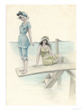 Two Girls in Bathing Suits One About to Dive into the Sea from a Diving Board Giclée-Druck