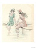 Two Girls in Bathing Suits Sitting and Chatting on the Jetty Giclée-tryk Two Girls in Bathing Suits Sitting and Chatting on the Jetty Giclée-tryk