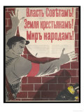 Big Brave Communist Worker Fixes a Poster on a Wall Giclée-Druck
