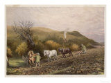 Ploughing with Three Horses in the English Countryside Giclee Print