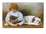 Little Girl Sits with a White Bulldog and Cuddles a Puppy Giclee Print