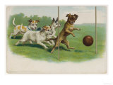 Group of Four Dogs Play a Lively Game of Football One of Them is About to Score a Goal Giclée-Druck