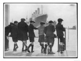 Group of Boys Lean Against the Dock Railings and Watch a Steamship Being Built Giclee Print