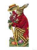An Easter Rabbit Wearing a Red Coat and Stripy Trousers Brings Someone a Bouquet of Flowers Giclee Print