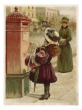 Little Girl in a Huge Fruit Festooned Bonnet Arms Full with a Doll Umbrella and Muff Looks Up Giclee Print
