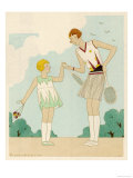 Girl Shows Her Younger Sister How to Hold Her Tennis Racquet Giclee Print