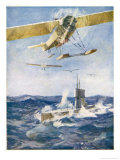 Seaplanes Attack a Surfaced Submarine in a Battle for the Supremacy of the Waves reproduction procédé giclée par Norman Wilkinson