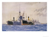 Hms Exmouth Flanked by Support Ships in Kephalo Harbour Giclee Print by Norman Wilkinson