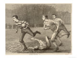 An Attacking Player Charges Forward with the Ball Chased by Two Opposing Players Reproduction procédé giclée par W.b. Wall