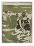 Two German Lady Bathers Watch Other Swimmers Playing in the Waves Giclee Print by Ferdinand Von Reznicek