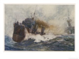 River, Class Destroyer at Speed Its Four Funnels Belching Smoke as She Races Past a Warship reproduction procédé giclée par Norman Wilkinson