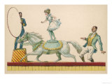 Girl Standing on the Back of a Grey Horse Prepares to Jump Through a Paper Hoop Lámina giclée Girl Standing on the Back of a Grey Horse Prepares to Jump Through a Paper Hoop Lámina giclée