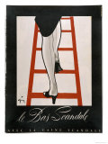 Woman in a Pair of Black Mules and Seamed Stockings Disappears up a Red Ladder Gicléedruk