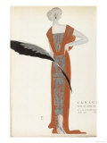 Barrel-Line Evening Dress with Natural Waistline in Orange and Grey Giclee Print