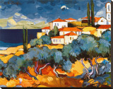 Seaside with Olive Trees Stretched Canvas Print by Alush Shima