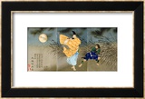 A Triptych of Fujiwara No Yasumasa Playing the Flute by Moonlight Stampe di Tsukioka Kinzaburo Yoshitoshi