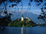 Church of the Assumption on Blejski Otok (Bled Island) and Bled Castle, Bled, Slovenia Photographie par Martin Moos