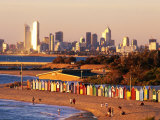 Brighton Beach Boatsheds with City in Background, Melbourne, Australia Photographie par Christopher Groenhout