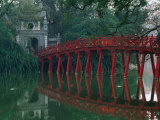 Huc Bridge Reflected in Still Waters of Hoan Kiem Lake, Hanoi, Vietnam Photographic Print by Anders Blomqvist