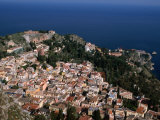 Aerial View of Coastal Town Including Teatro Greco (Greek Ampitheatre), Taormina, Sicily, Italy Photographic Print by Stephen Saks