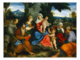 The Holy Family with Saint Francis, Saint Anthony, Mary Magdalen, John Baptist and Elisabeth Giclée-tryk af Paolo Veronese