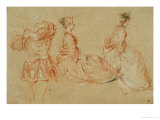 A Flutist, Two Women, Red Chalk, White Wash Giclee Print by Jean Antoine Watteau
